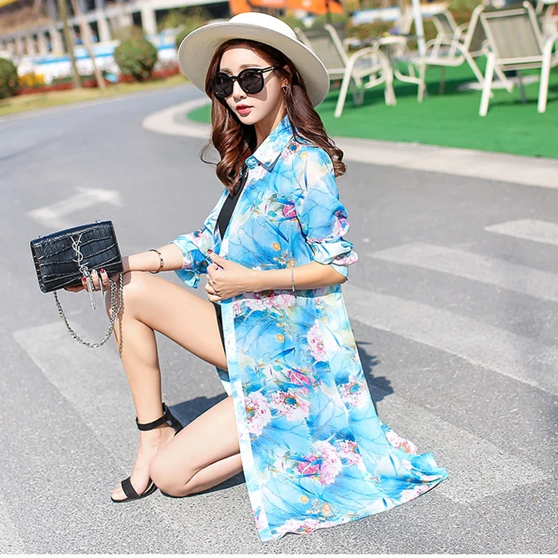 Summer Long Sleeve Floral Loose Cardigan Chiffon Blouse Women Long Shirt Women Beach Sun Protection Clothes Print Tops 9127 50