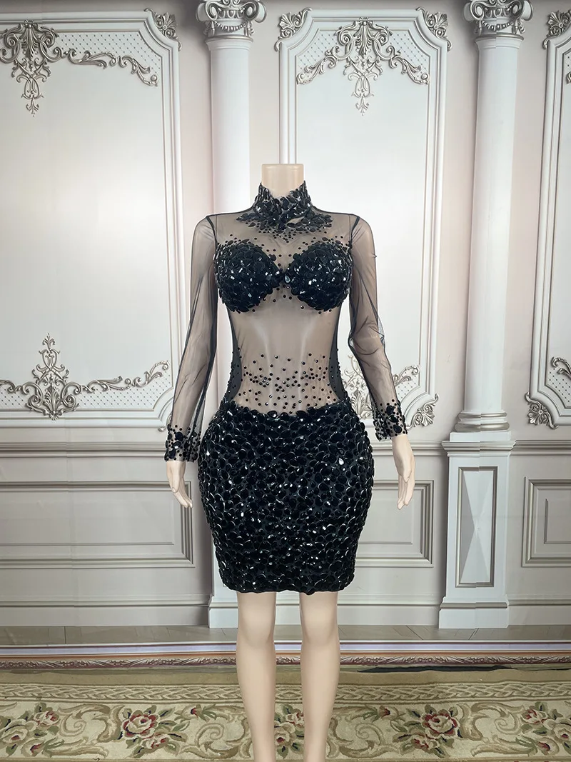 메쉬 힙 스커트 반짝이는 라인스톤 스티칭 기질 파티 여성 타이트 스커트 드레스 Vestidos Largos Elegantes Fiesta Mujer
