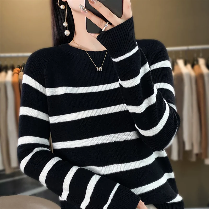 Women's boutique high-end round neck sweater knitted cashmere sweater Women's color matching pullover Long sleeved new cashmere