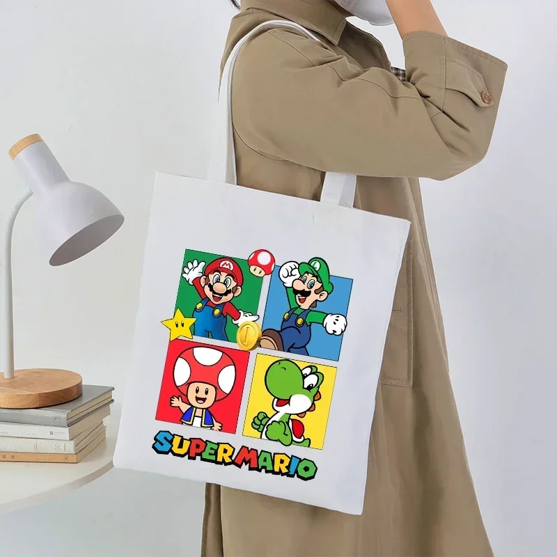 

Super Mario Bros Canvas Bag Princess Peach Handbags Cartoon Anime Character Pattern Tote Large Capacity Portable Shoulder Bags
