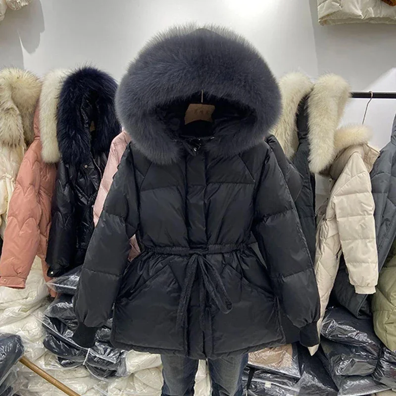 2024 Winter Women\'s Down Jackets Ultra Light Warm Coat Female Jacket Woman With a Belt Hooded Parka Big Fur Collar Overcoat