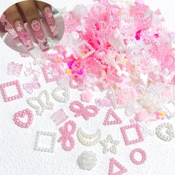 One Box 3D Kawaii Pink White Ranbom Resin Nail Art Charms Mixed Flower Pearl Heart Nail Rhinestones Decorations DIY Accessories