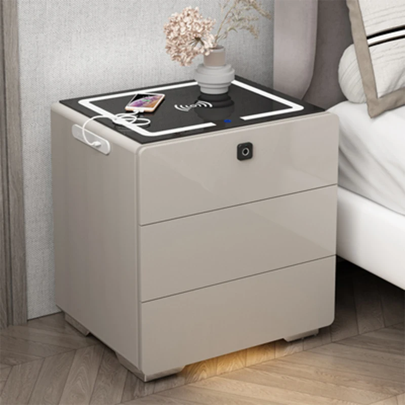 Smart Bedside Table Solid Wood Simple Multi-function Fingerprint Lock with Light Wireless Charging Bedside Table Bluetooth Audio