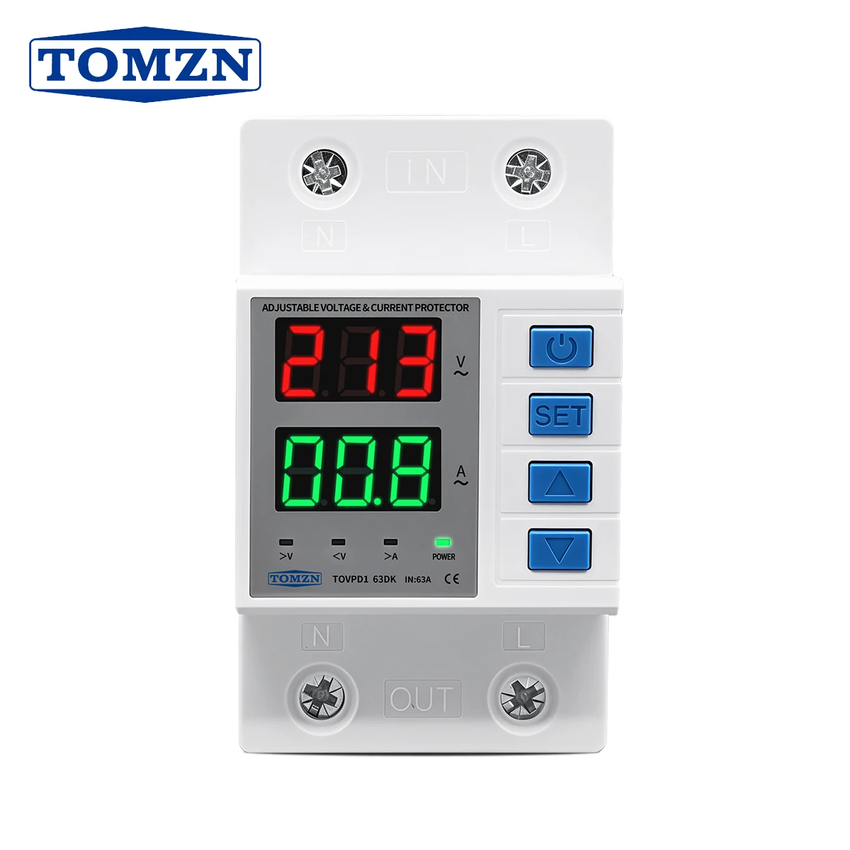 TOMZN Adjustable Voltage&Current Protector Cut off L+N Isolation AC 110V 230V 63A Over/Under Voltage Over Current Protection