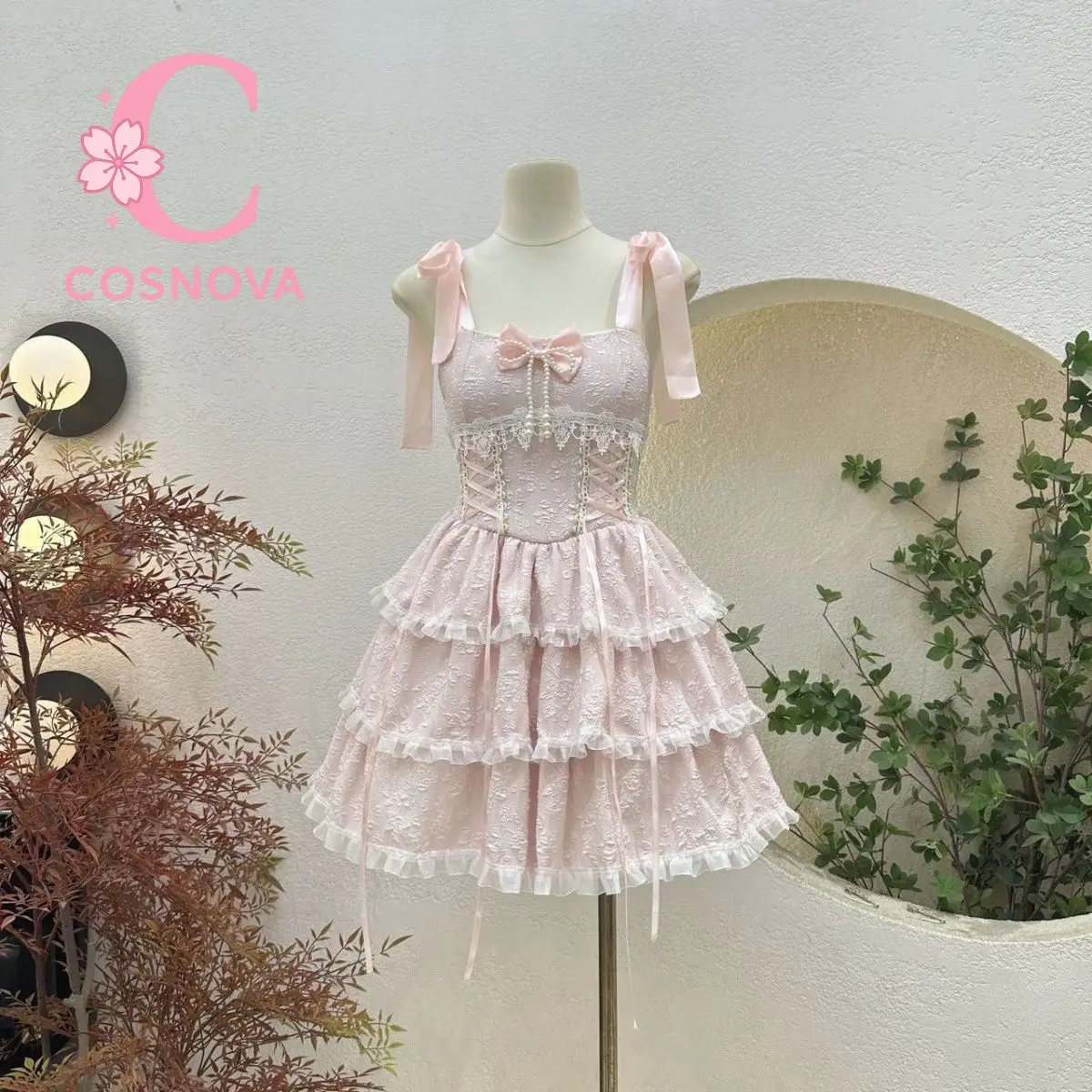 

French Elegant Sweet Lolita Lace Spaghetti Strap Puffy Princess Dress Summer Fairy Cottagecore Ruffle Tiered A-Line Mini Dress