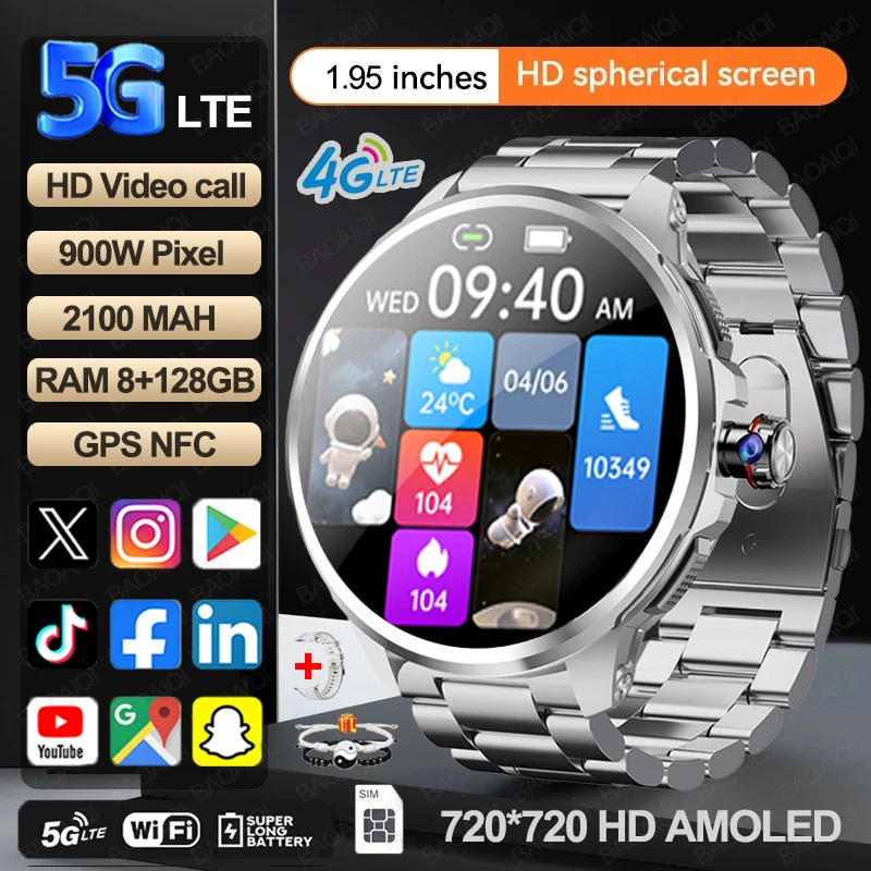 

5G/4G Smart Watch Men Fashion 1.95 inch 720*720 AMOLED 8GB+128GB RAM 2100mah Battery GPS WIFI Google APPS Smartwatch Android 9.0