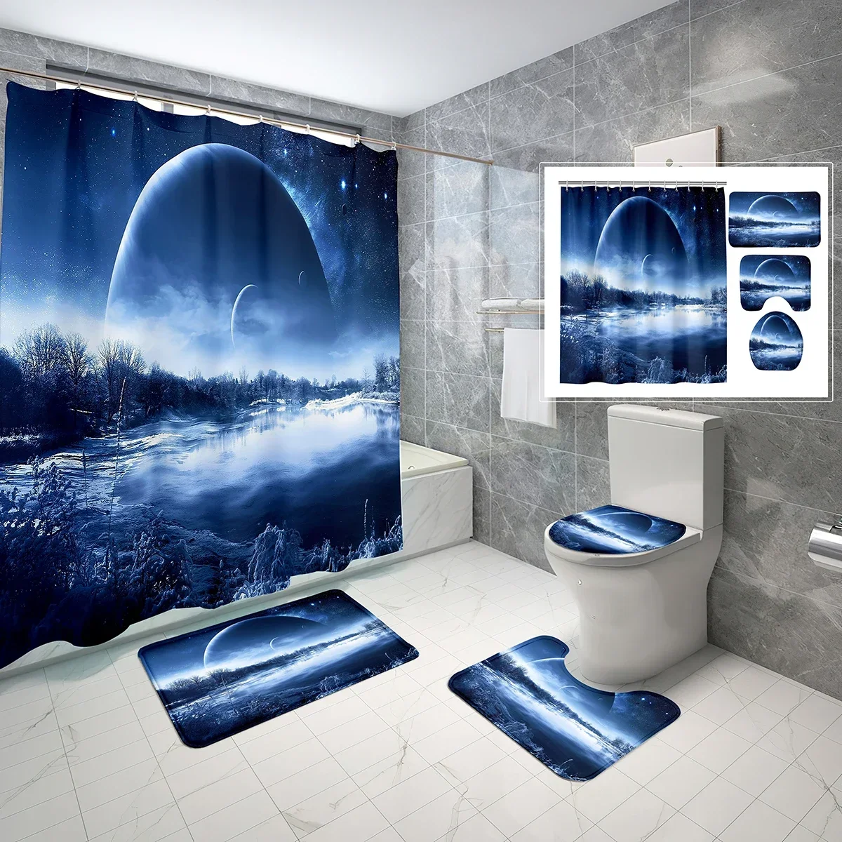 4 Pcs Moon Night Forest Shower Curtain Set with Toilet Lid Cover and Non-slip Bath Mat Fantasy Art Waterproof Shower Curtain Set