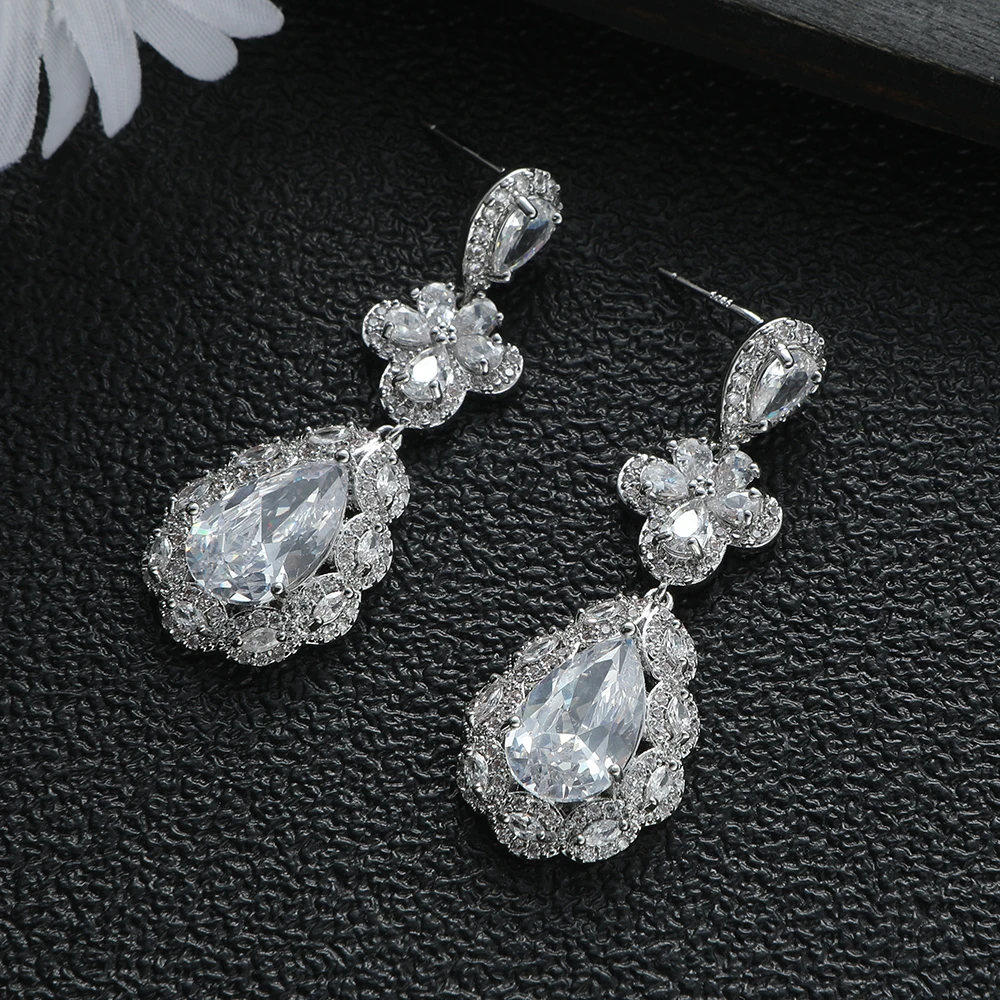 

Luxury Fashion Waterdrop Flower Earring For Women Wedding Cubic Zirconia Dubai Bridal Costume Jewelry E1224