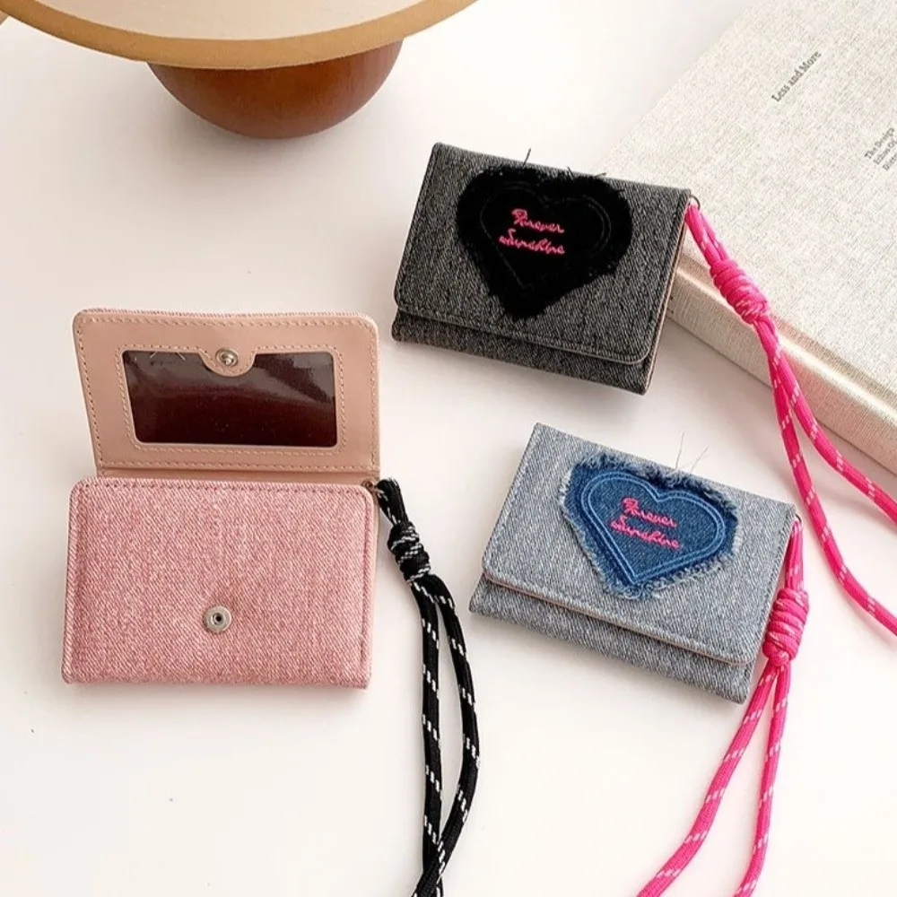 Versatile PU Leather Tri-fold Wallet PVC with Lanyard Women Wallets Heart Embroidery Large Capacity Leather Card Holder Work