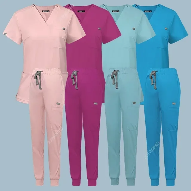 Wielokolorowe peelingi jednolite topy z krótkim rękawem + spodnie mundurek pielęgniarski kobiety sklep zoologiczny lekarz peeling chirurgia medyczna odzież robocza zestaw szorowania