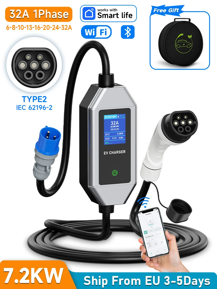 AFEEV 7KW 32A 1-Phasen Tragbares EV-Ladegerät mit WLAN-App-Steuerung Typ2 IEC 62196-2 Elektroauto-Ladegerät Wallbox EVSE Schnellladekabel
