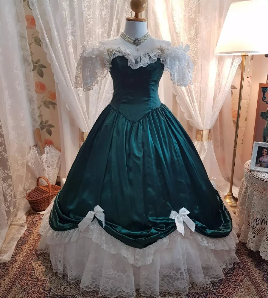 Zauberin Grünes Gothic Hochzeitskleid Spitze Flügelärmel Kostüm Mittelalterliches Brautkleid Retro