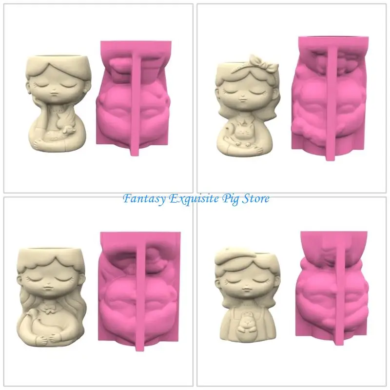 قالب سيليكون متعدد الأغراض للسيليكون لزارع راتنجات الأسمنت DIY مع الفتاة تصميم وعاء زهرة الصنع