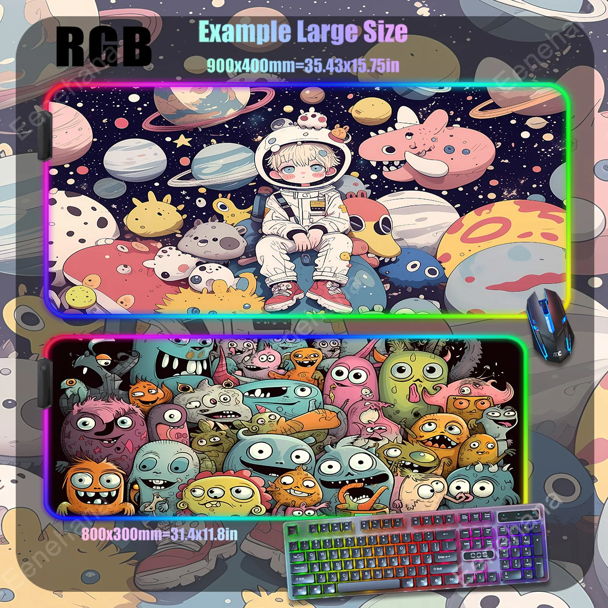 Pequeno Monstro LED Backlight Gamer Playmat, RGB Mouse Pad, Tapete de Mesa Mecânica, Kawaii, apto para Teclado de Computador, Gato Preto, Menina, XXL