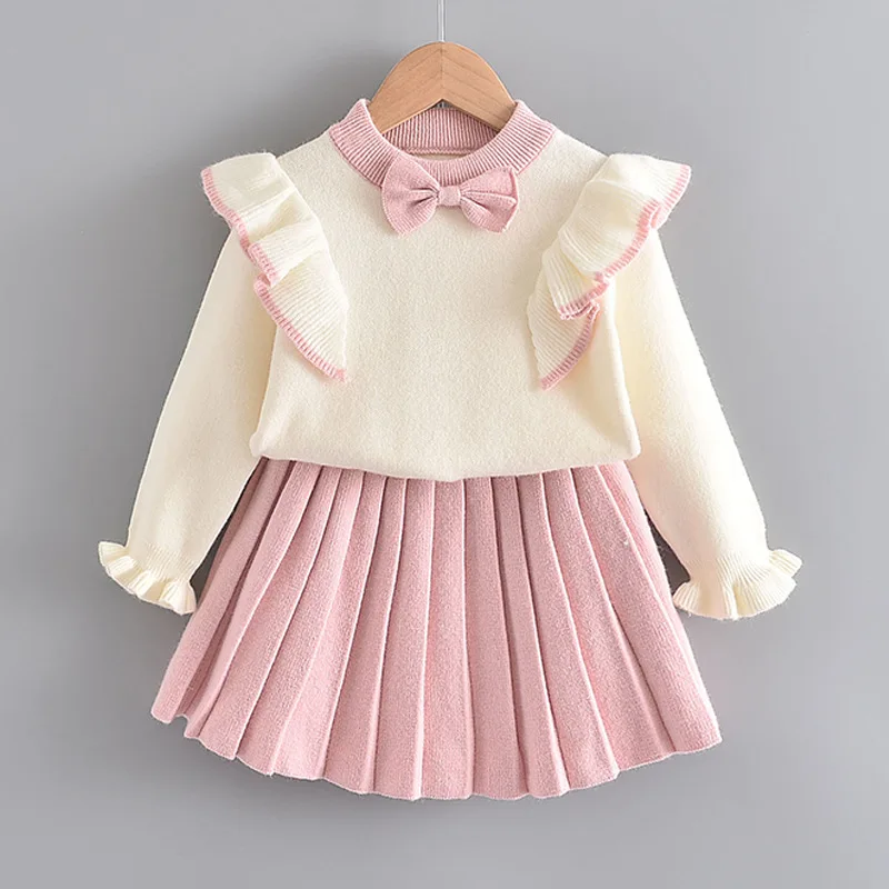 Bear Leader Baby Girl Clothes Set Sweet Outfits Autumn Winter Kids Girls Long Sleeve Knitted Embroidery Sweater + Skirt 2pcs Set