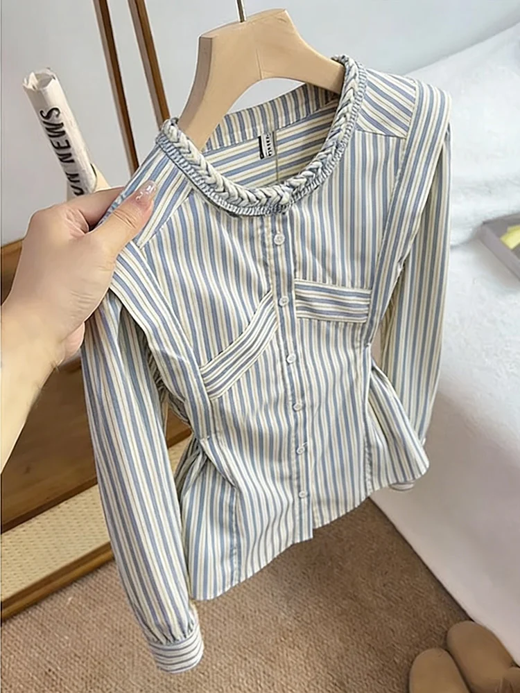 

Весна 2026: Женская модная приталенная блузка с длинным рукавом в полоску, с эффектом утяжки на талии, элегантный плиссированный топ для офиса