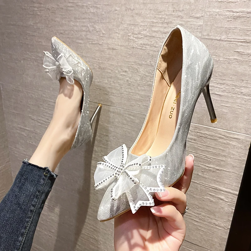 Fashion French Crystal Shoes Spring/autumn New Wedding Shoes Rhinestone Bow Tie Pointed High Heels Women Thin Heel Single Shoes