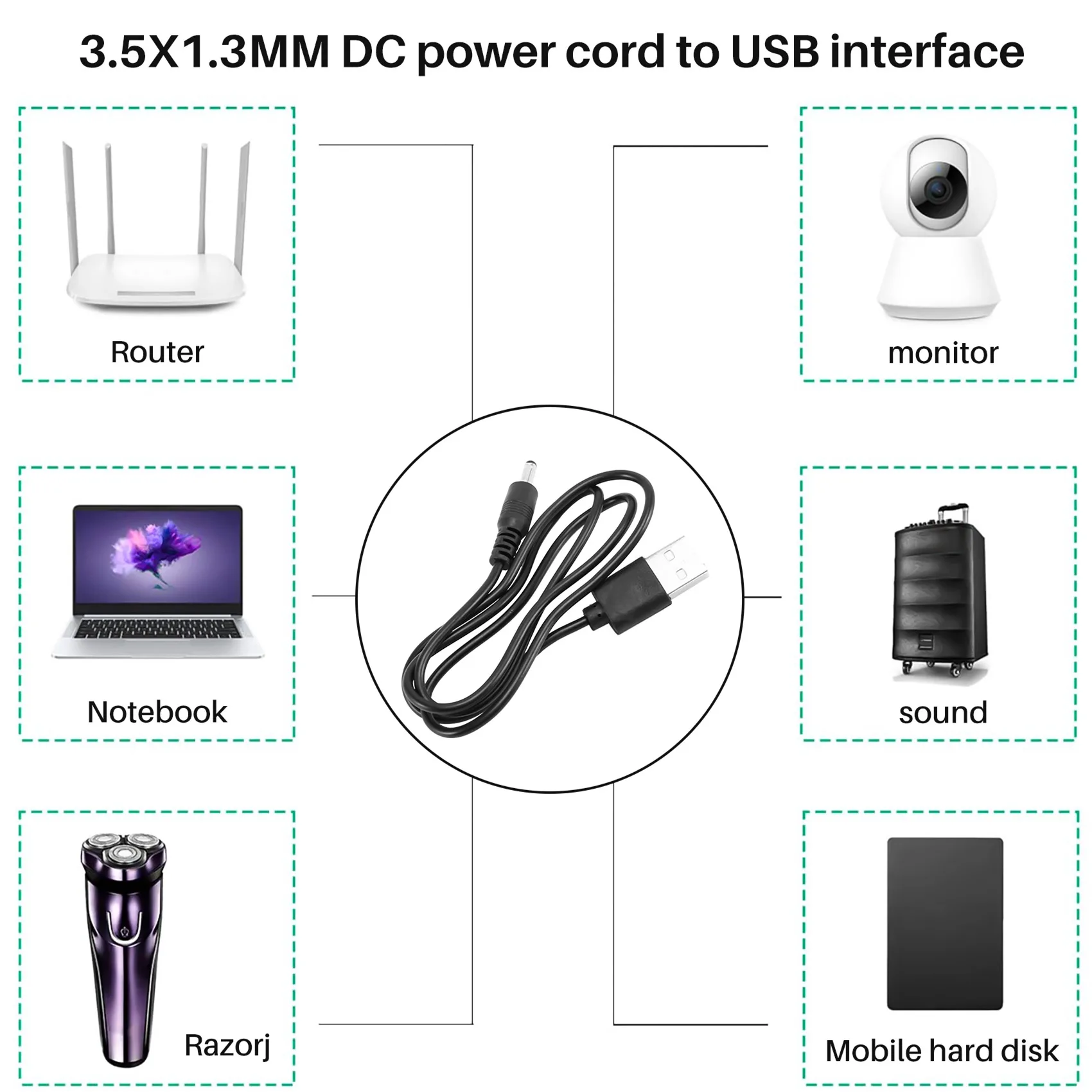 3.5mm x 1.3mm Black USB Cable Lead Charger Cord Power Supply