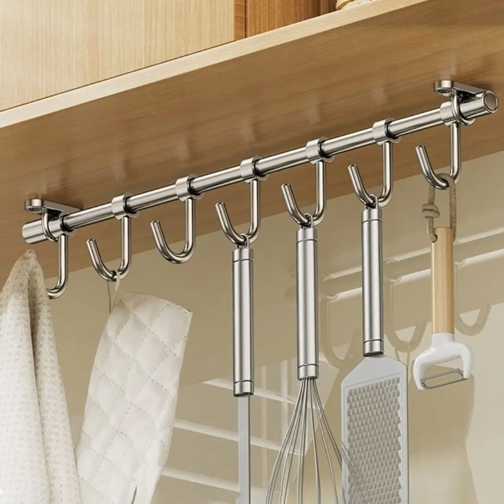 

Stainless Steel Kitchen Rail Rack Space Saving with Movable Hooks Sliding Flatware Storage Rack Wall Mounted