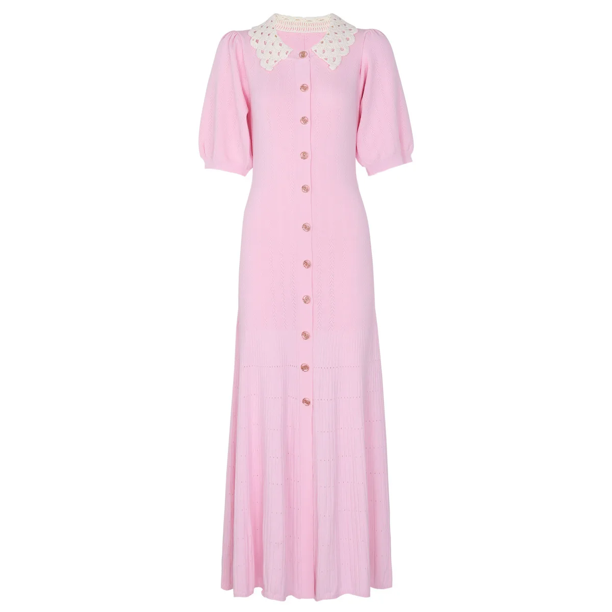 Summer Elegant Fashion Vintage Turn-down Collar Knit Maxi Dress Elegant Single-breasted A-line Long Shirt Dress Lady Vestidos