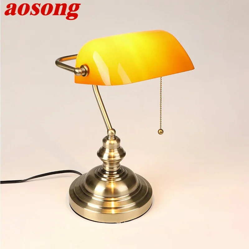 AOSONG European Style Table Lamp Simple Design LED Yellow Glass Desk Light Retro Pull Switch for Home Study Office Bedroom