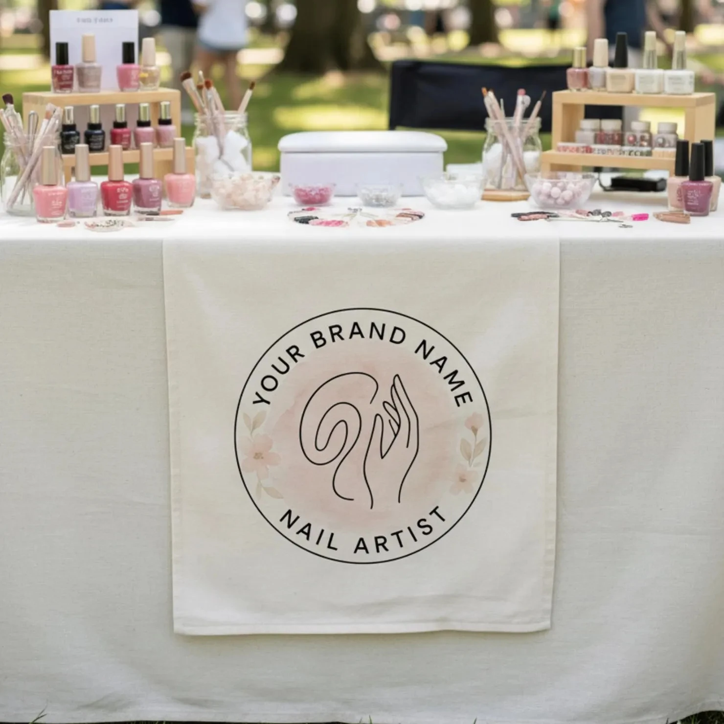 Table decoration: Personalized business table signboards, table cloths and table flags for recruitment purposes