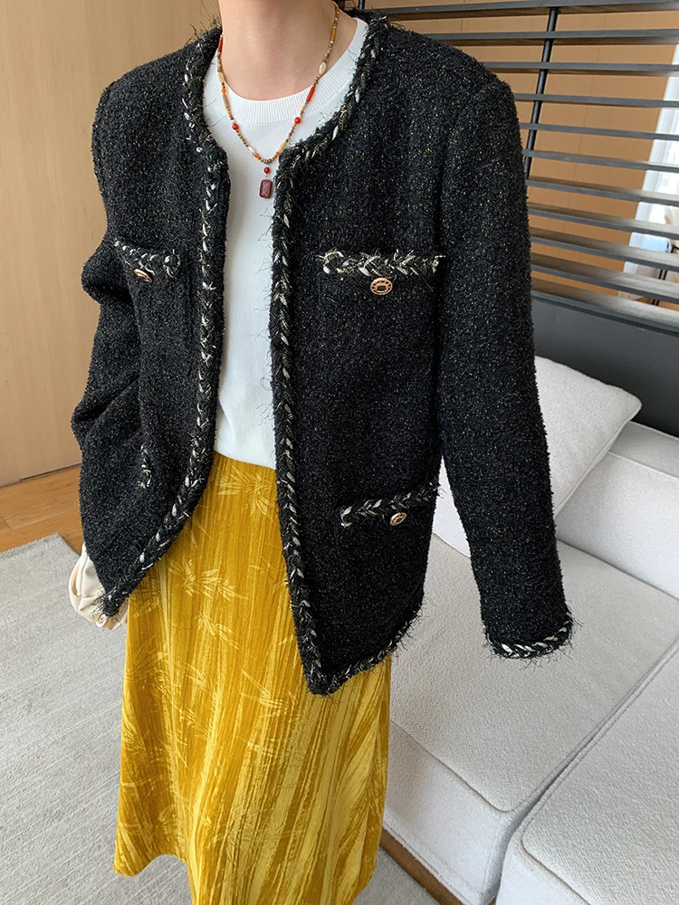 [EAM] White Elegant Tassels Big Size Tweed Jacket New Round Neck Long Sleeve Women Coat Fashion Tide Autumn Winter 2024 1DH6693