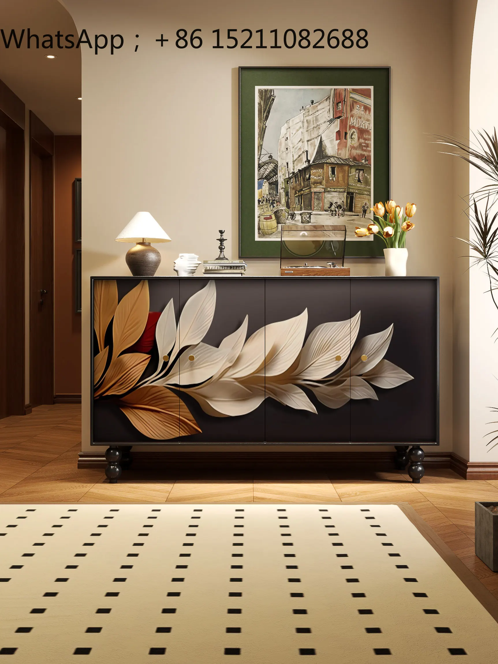 LLY Entrance Dining Side Cabinet Living Room Dining Aisle Solid Wood Storage Cabinet Abstract Painting Multifunctional