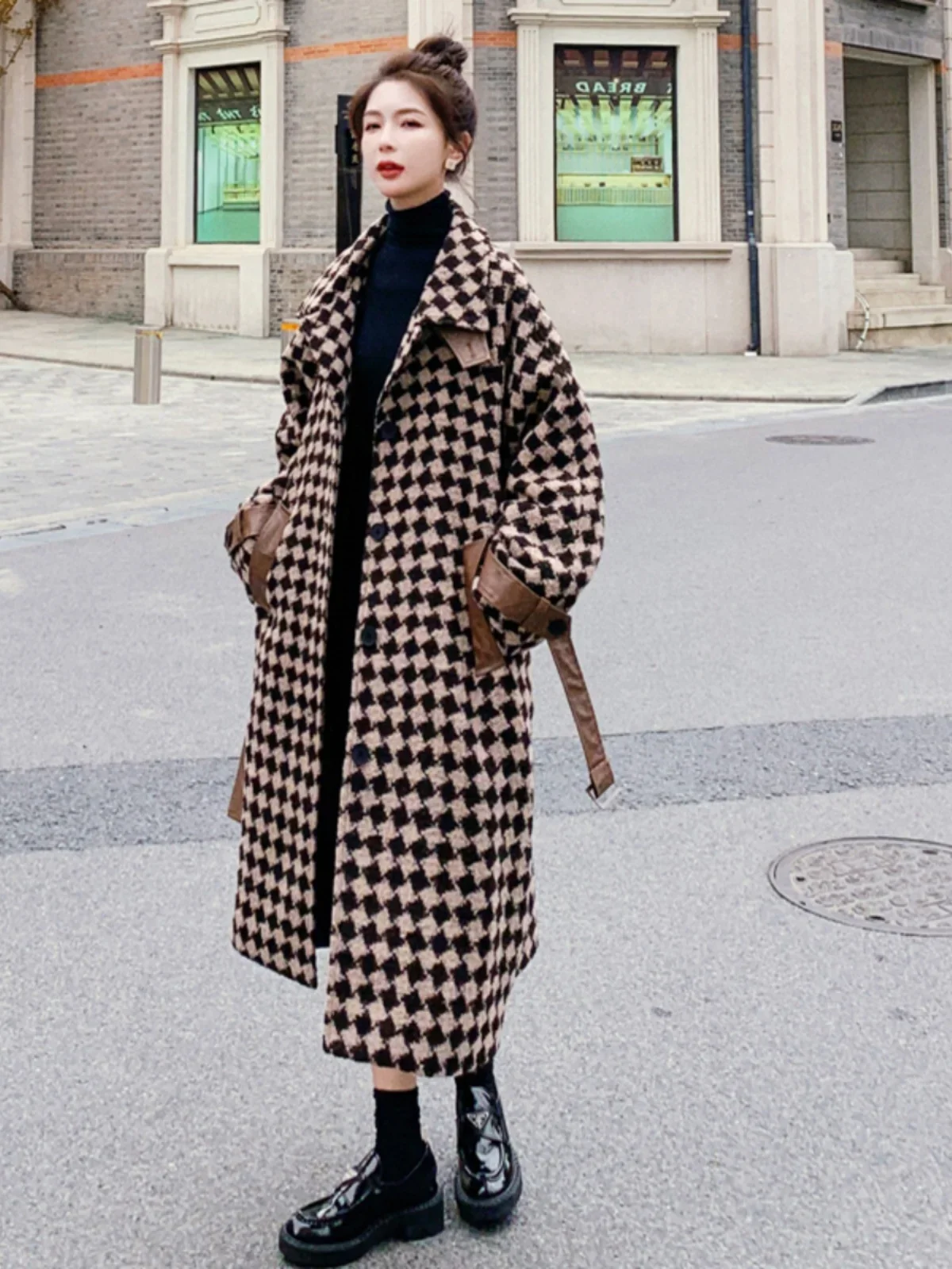 

Brown Plaid Women Long Woolen Coats Retro Loose Female Overcoat Double Breasted Ladies Double Sided Topcoat Autumn Winter 2024