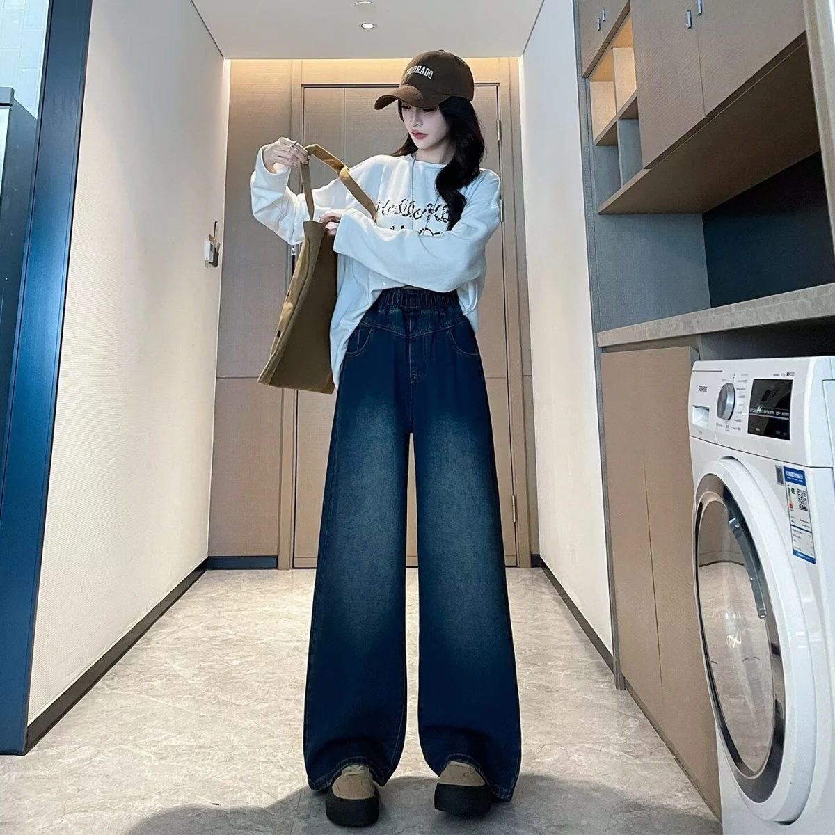

High Waist Wide Leg Jeans Women's Loose Straight Loose Small Size Slimming Floor-Length Jeans Spring Autumn Long Trousers