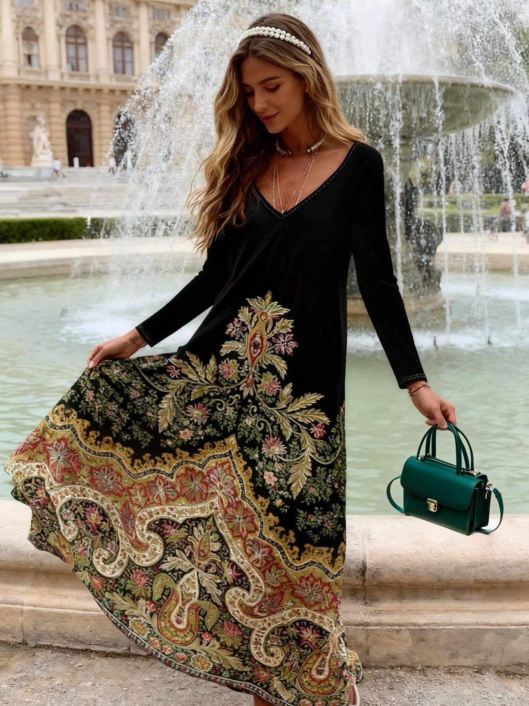 

Женское платье с длинным рукавом и V-образным вырезом, повседневное летнее платье для отпуска и вечеринок, миди-платье А-силуэта с эластичной талией, струящееся, без рукавов, модное, с возможностью выбора.