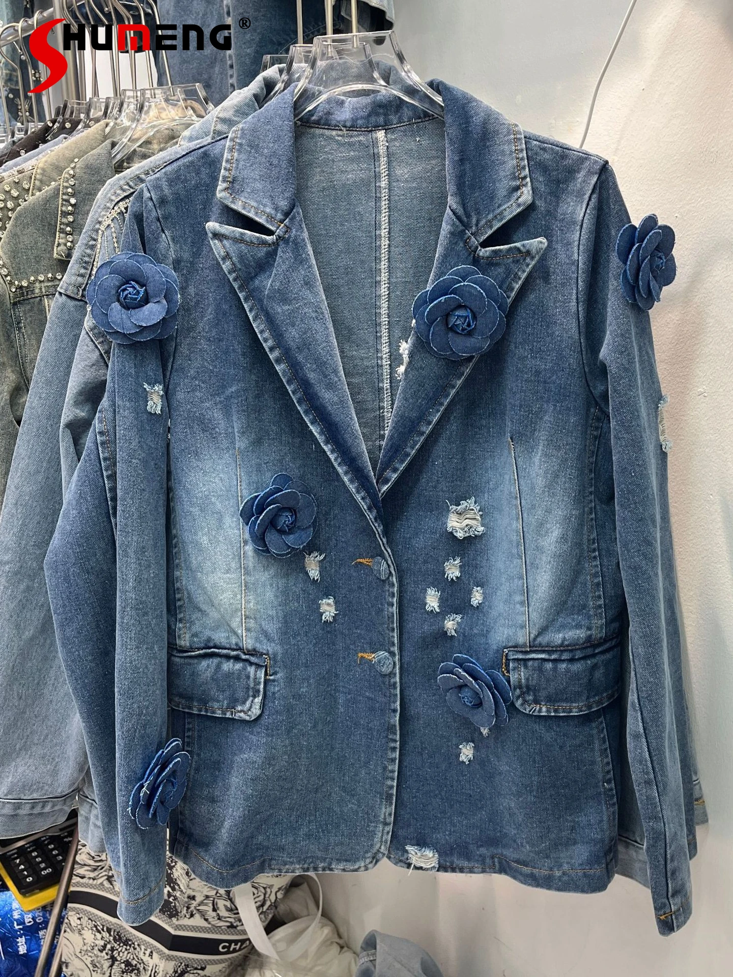 

Fashion Denim Jackets Women's 2024 Spring Autumn New Feminine Three-Dimensional Flower Decoration Denim Coats Casual Blazer Tops