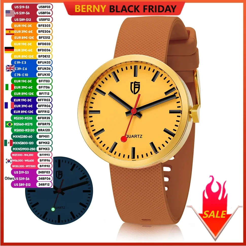 BERNY Women Watches Sapphire Railways Luminous Quartz Men Watch 5ATM Stainless Steel Miyota 2034 Wristwatch Soft Silicone Strap