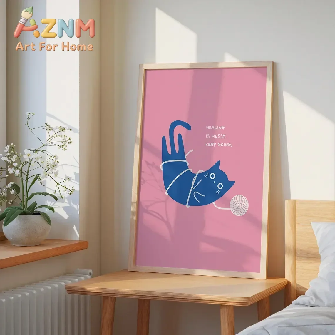 AZNM Healing Is Messy Keep Going Canvas Wall Art Cute Blue Cat With Yarn Ball Pink Background Quote Art Print Unframed Canvas Po