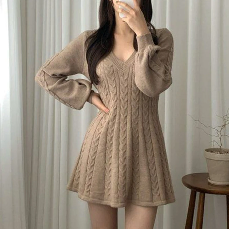 Woman Solid Mini Dress Y2K A Line Flared Long Sleeves Knitted Dress Women Basic Autumn Winter Streetwear Chic Vintage Dress Robe