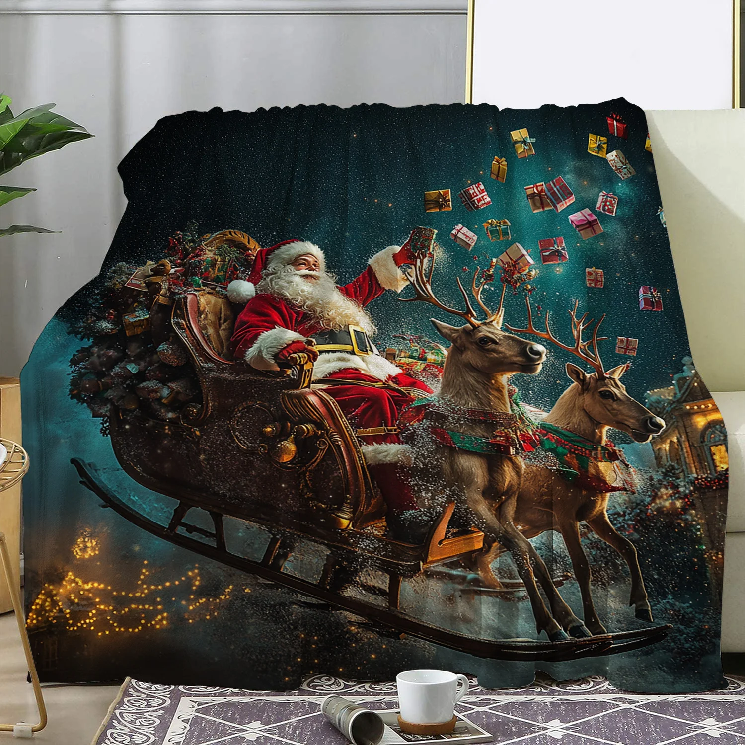 

Vintage Santa Sleigh Print Blanket Soft Vintage Santa Sleigh Print Flannel Throw Blanket - Knitted Polyester Blanket