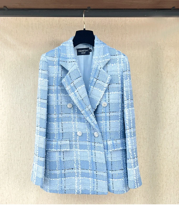 2024 Spring Autumn Fashion Women's Suits High Quality Blue Plaid Tweed Coat + A-line Skirt C907