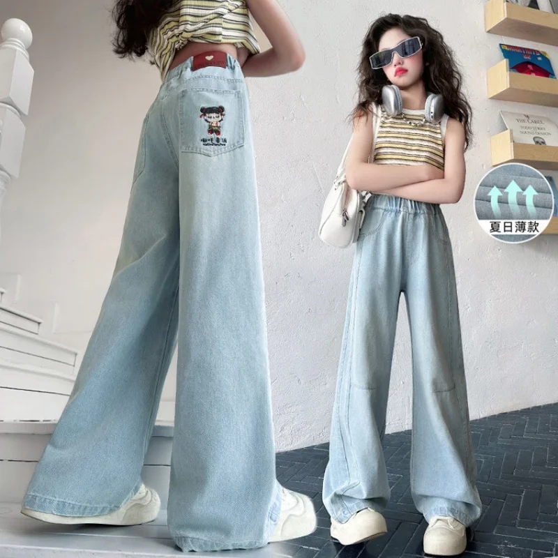 

Girls' summer jeans, cartoon print wide-leg trousers, suitable for teens aged 7-14 for daily wear in summer.