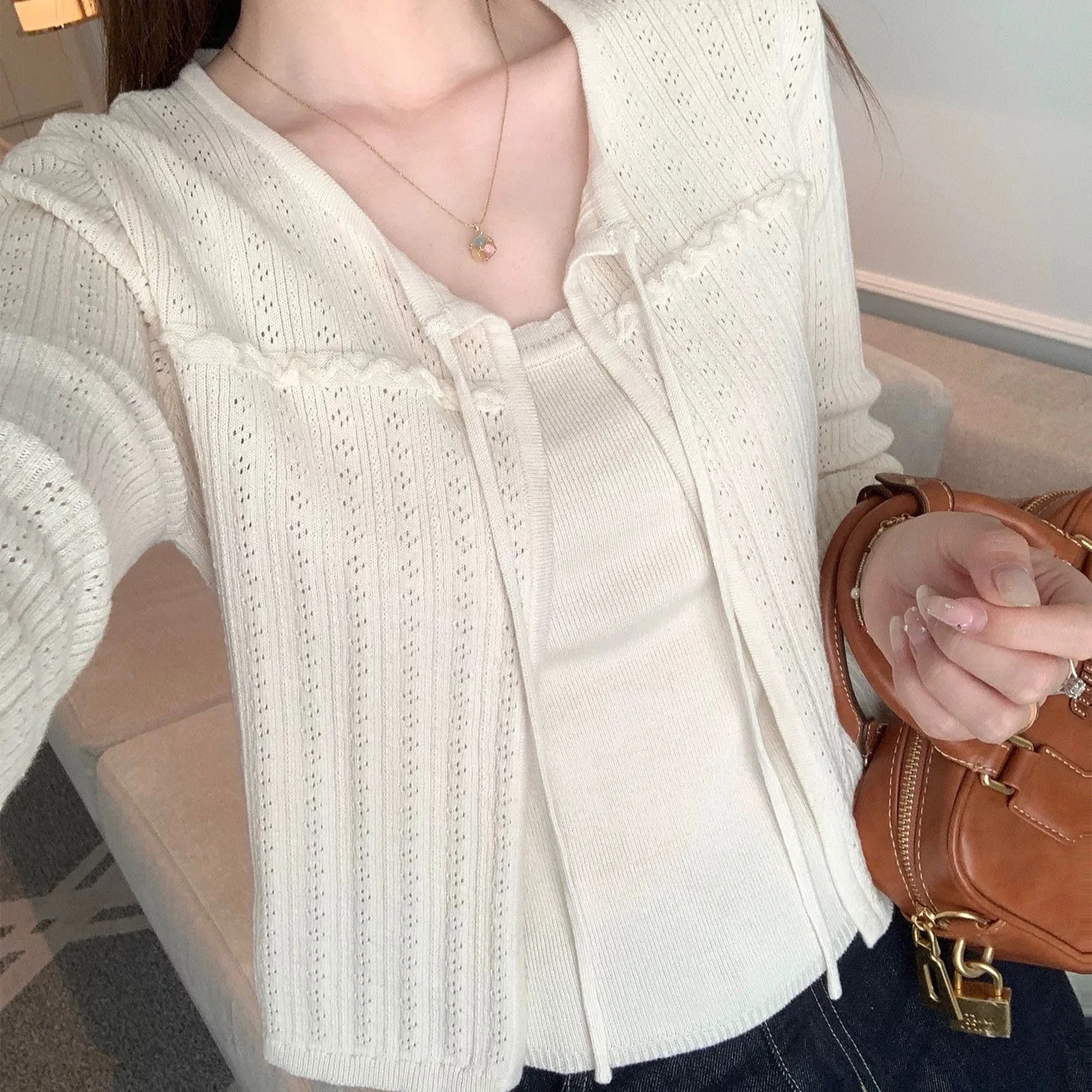 

Fall Knit Cardigan with Camisole Set Beige Green Slim Fit Womens Top