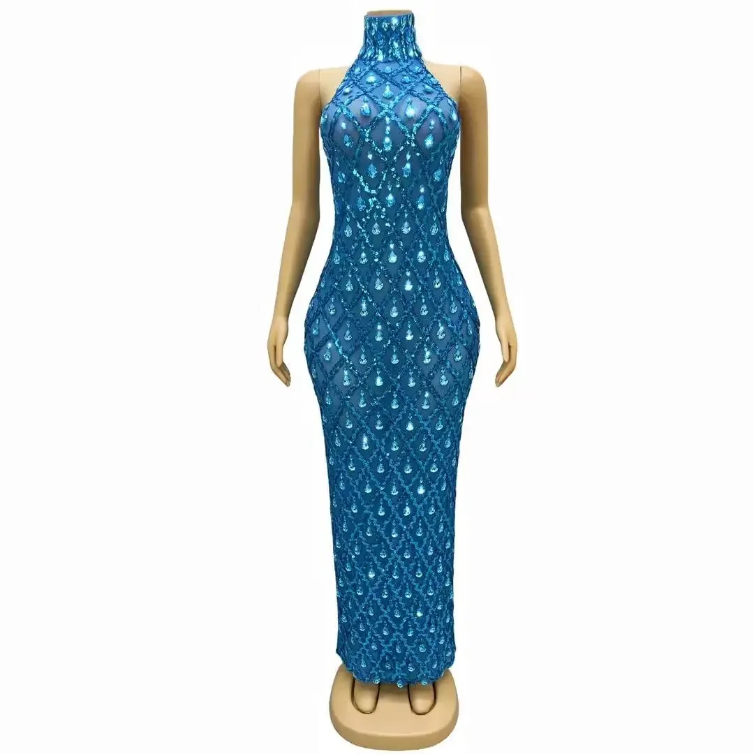 Elegant Summer Fashion Blue Diamonds Sleeveless Evening Celebrate Slim Dress Dance Photography Outfit Birthday Stretch Costumes