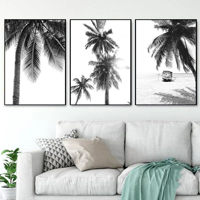 Black And White Landscape Beach Palm Trees Decoration Nordica Home Garden Poster Bedroom Decoration Pictures Canvas Painting