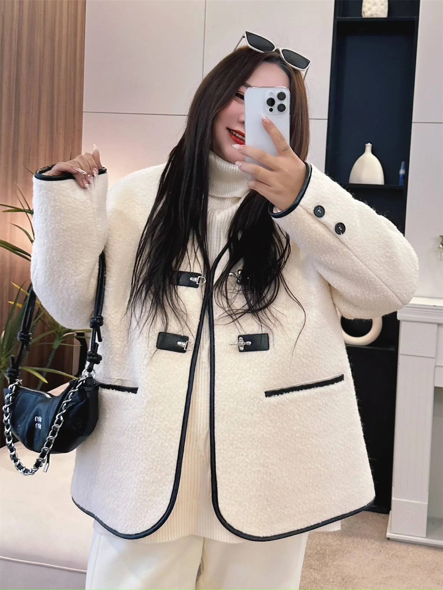 

Ladies plus Size Woolen Coat Ele Small Fraance Sle Trendy Long Sve ort Winter Outerwear for All Body pes