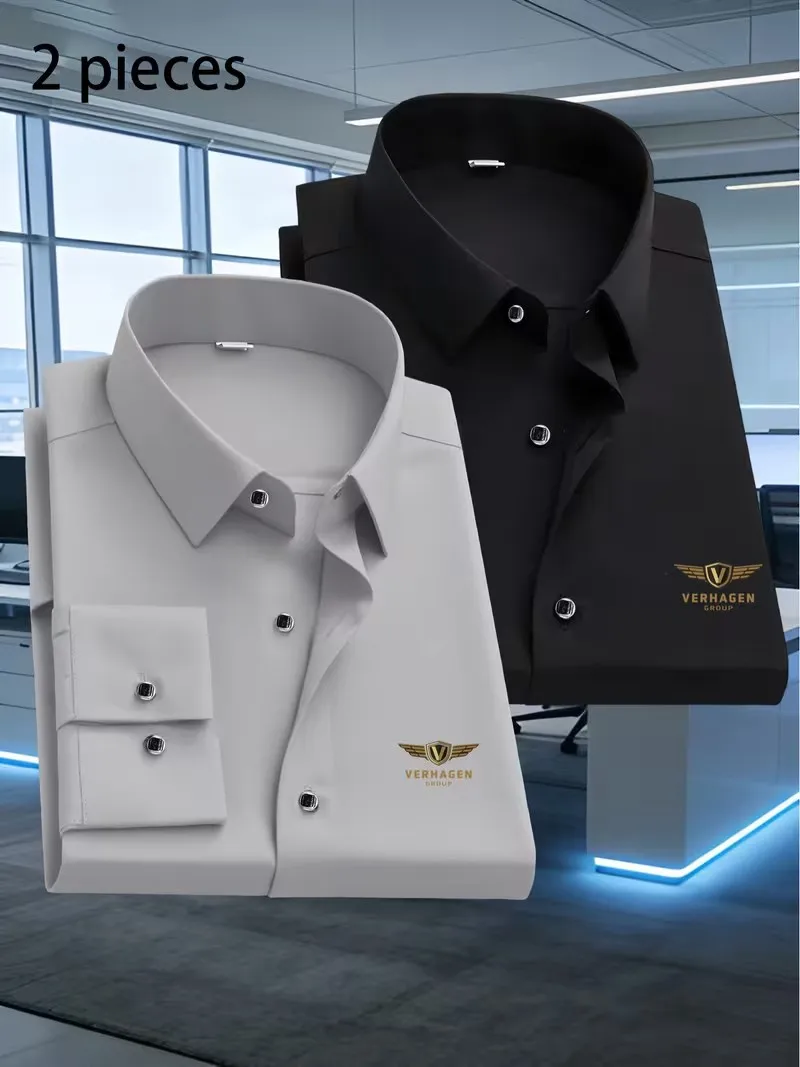 2pcs Men's Business Casual Long Sleeve Shirts with V Wing Print Premium Business Casual Shirt Slim Fit Long Sleeve 5 Colors