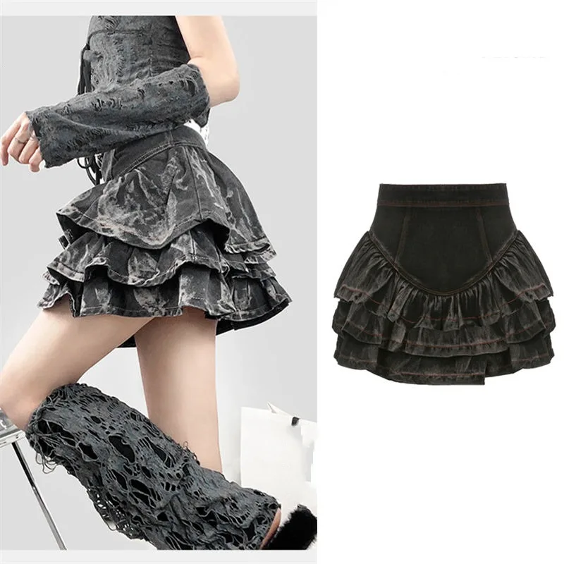 Women's Summer Punk High-rise Patchwork Distressed Pleated Color Blocked Denim Shimmery Vintage Ruched Cake Puffy Short Skirt