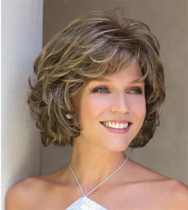 

Wig,Women's wigs Old man's wig fashionable short curly wig, female middle-aged and elderly brown gold dyed wig cover short wigs