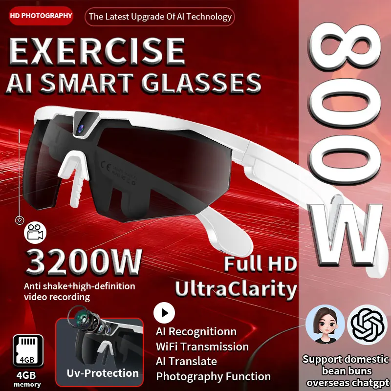 

LIGE Men's Exercise AI Smart Glasses 800W Camera Voice Assistant AI Translation Real-Time Translation Video Recording 4GB Memory