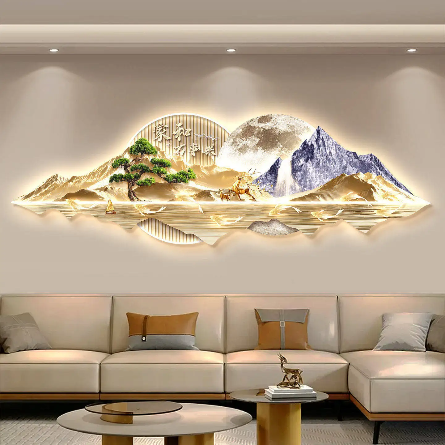 Light luxury landscape living room decoration painting with LED lights, atmospheric meaning, good sense of luxury hanging painti