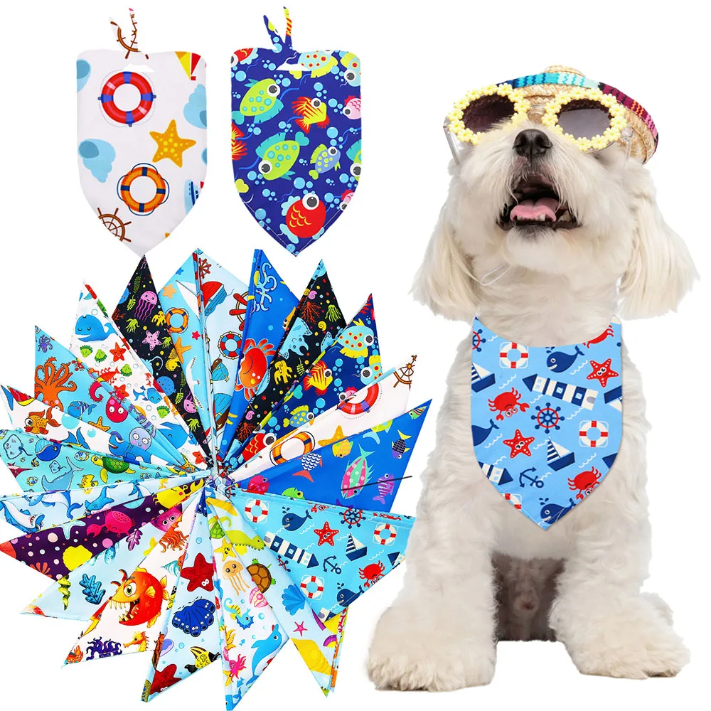 

50pcs Summer Dog Bandana Fashion Ocean Style Bandans Scarf For Small Dogs Cats Adjustable Dogs Puppy Bibs For Dog Grooming