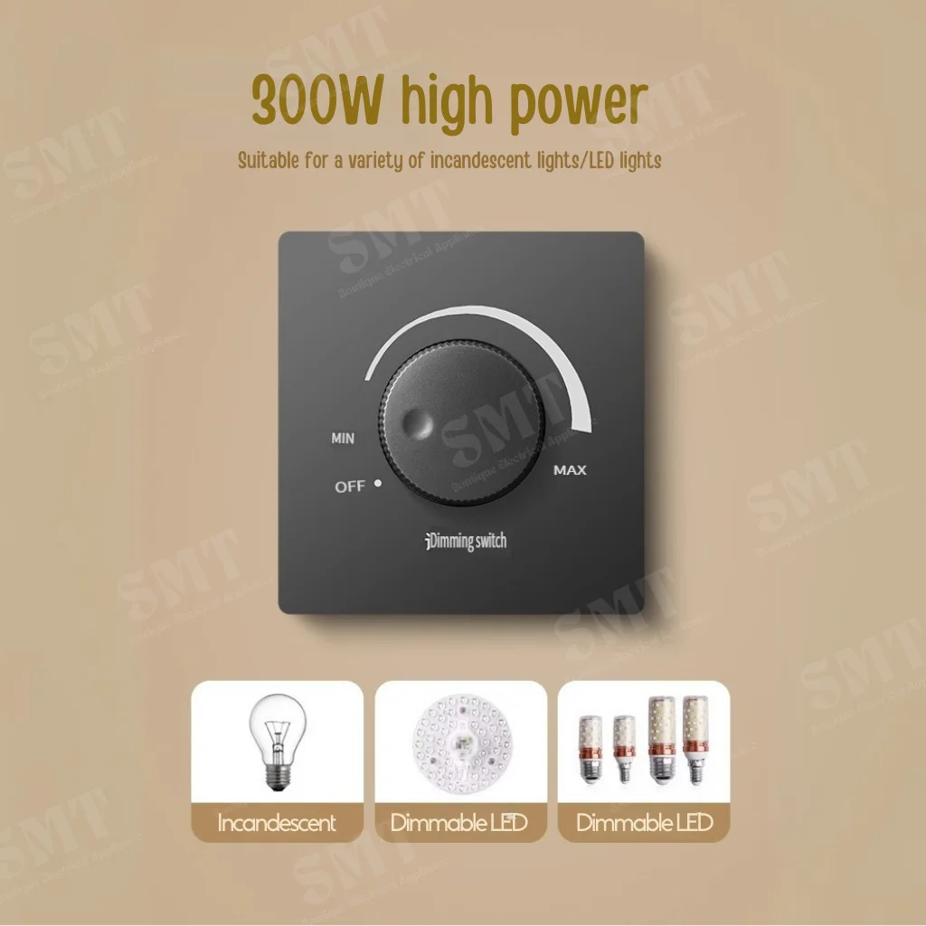 300W Light Bulb Dimmer Adjustable Brightness Dim Knob Panel Switch 220V Stepless Rotary Wall Mount Dimmer Controller