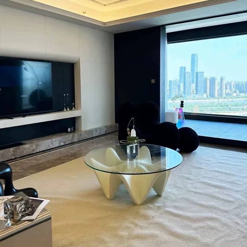 

⁕rColor Size Customizable to Personal Needs Round Glass Top with Sleek Lines FRP Glass Coffee Table